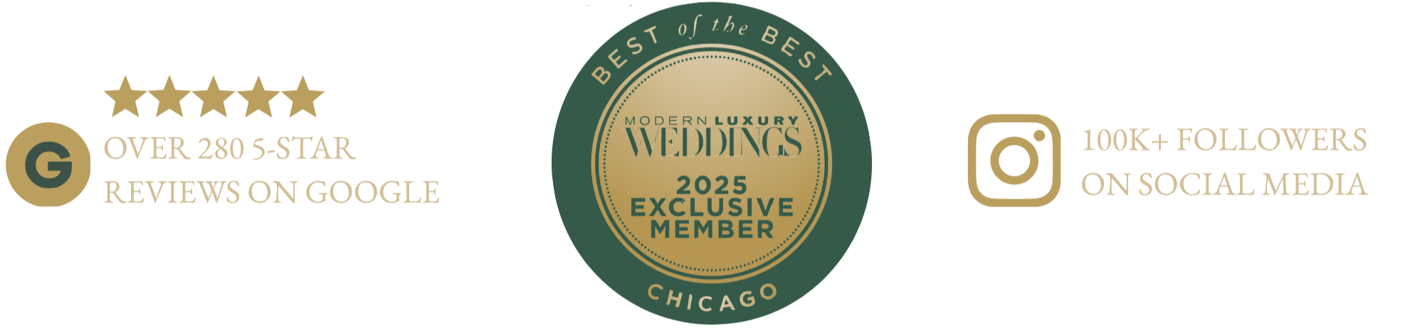 A circular badge with text that reads 'Best of the Best', 'Modern Luxury Weddings', '2025 Exclusive Member', and 'Chicago'.