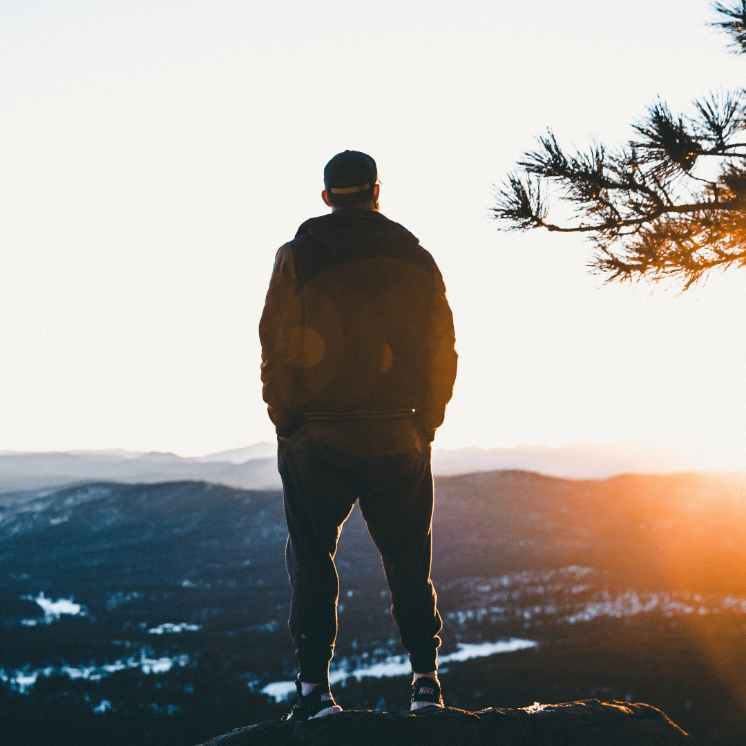 A person standing on a rock overlooking a mountainous landscape during sunset, with a tree branch to the right.