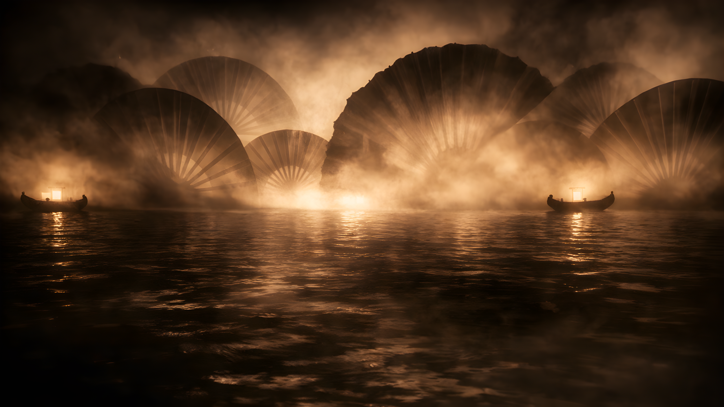 Surreal night scene from The Pirate Queen VR experience directed by Eloise Singer, featuring illuminated parasols and lantern-lit boat
