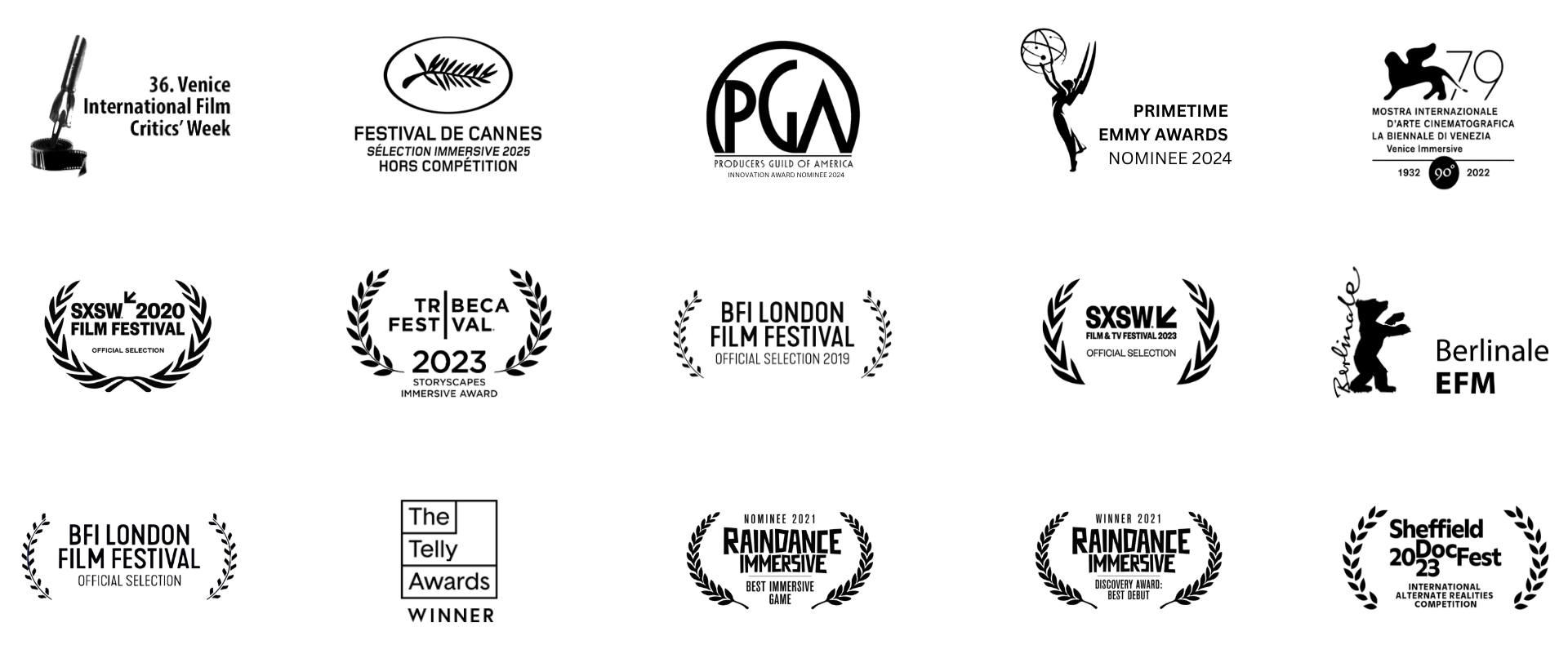 Film festival awards including Tribeca, BFI London Film Festival, SXSW and Raindance for projects by Eloise Singer