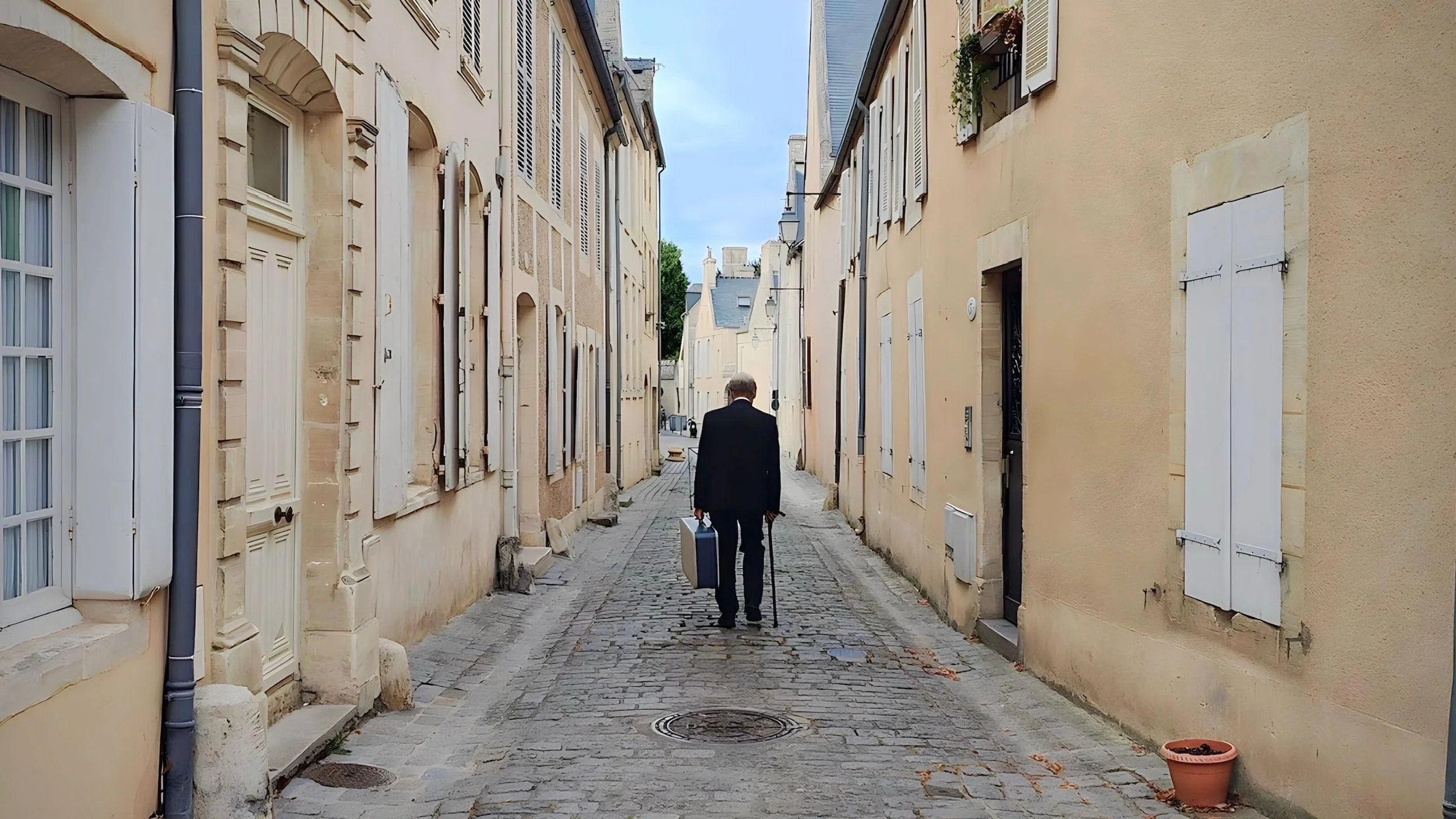 Scene from The Last Rifleman featuring a man walking through a cobbled alleyway with suitcase in a wartime setting