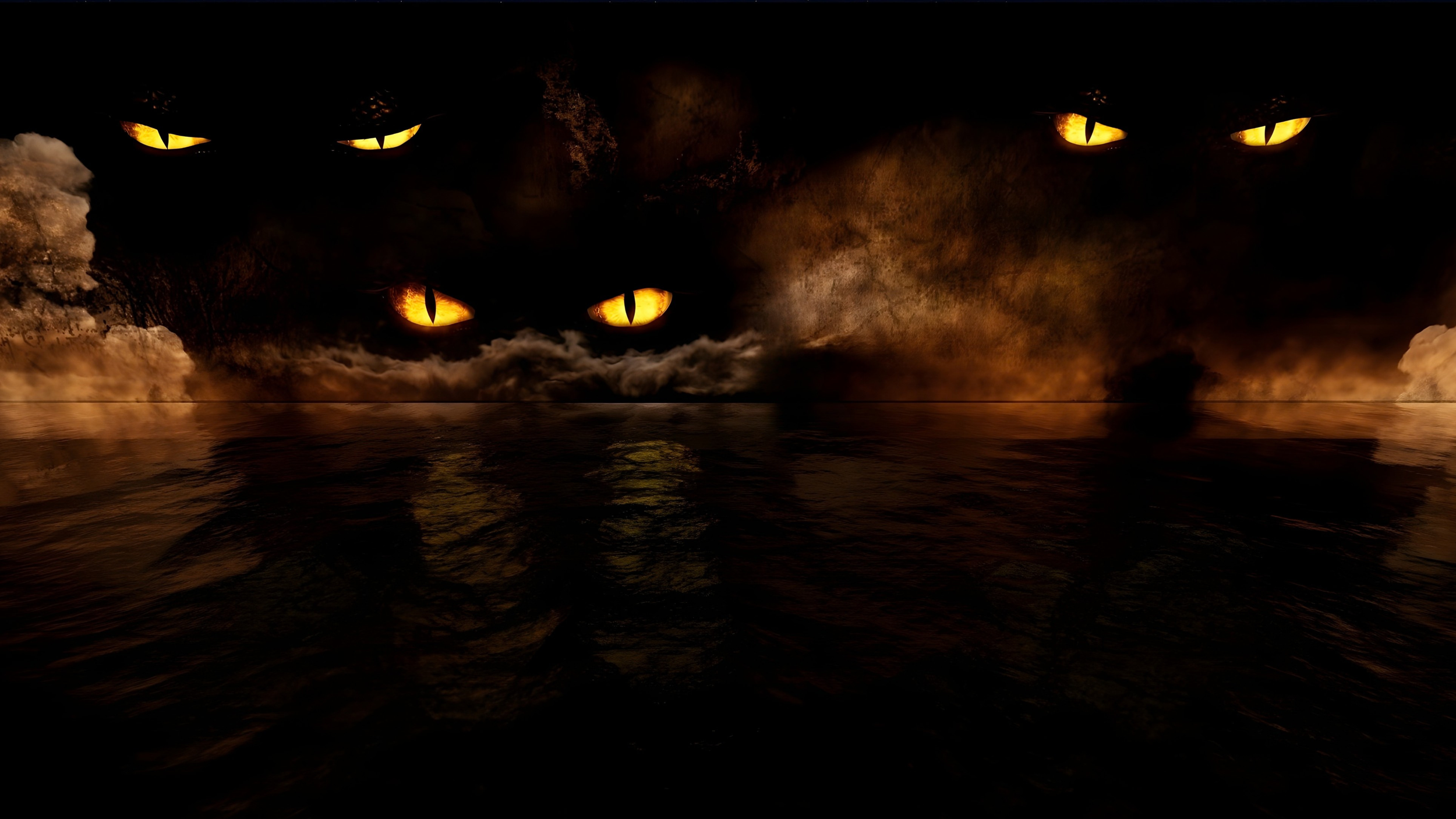 Storm scene with glowing eyes emerging over water in The Pirate Queen immersive experience directed by Eloise Singer, starring Lucy Liu