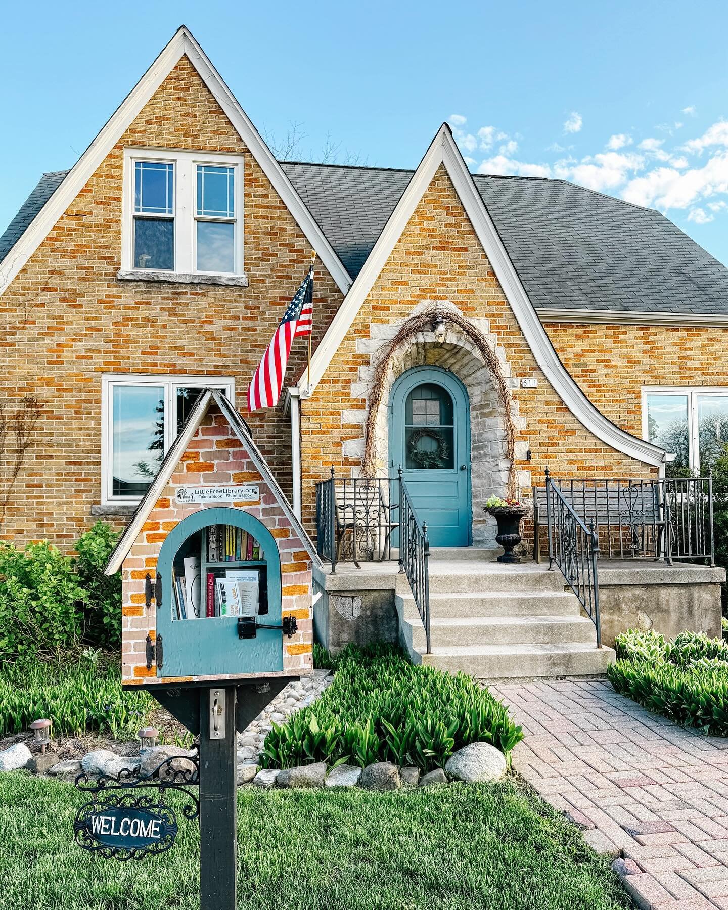 It&rsquo;s @littlefreelibrary week!! We built our own &ldquo;LFL&rdquo; four years ago and I have loved maintaining it and sharing books and more with my community ever since! My #twintudorlfl is so named for our storybook style cottage and its twin 