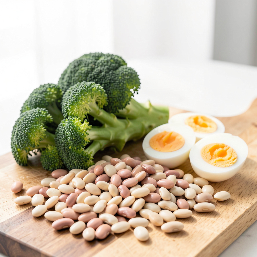 Broccoli, halved boiled eggs, and assorted beans on a wooden cutting board.