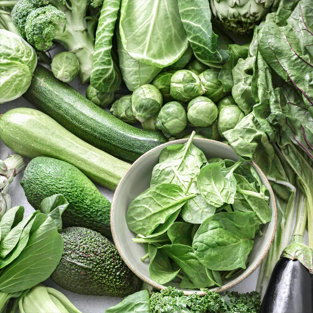 A variety of fresh green vegetables including zucchini, Brussels sprouts, zucchini, broccoli, leafy greens, and an eggplant.