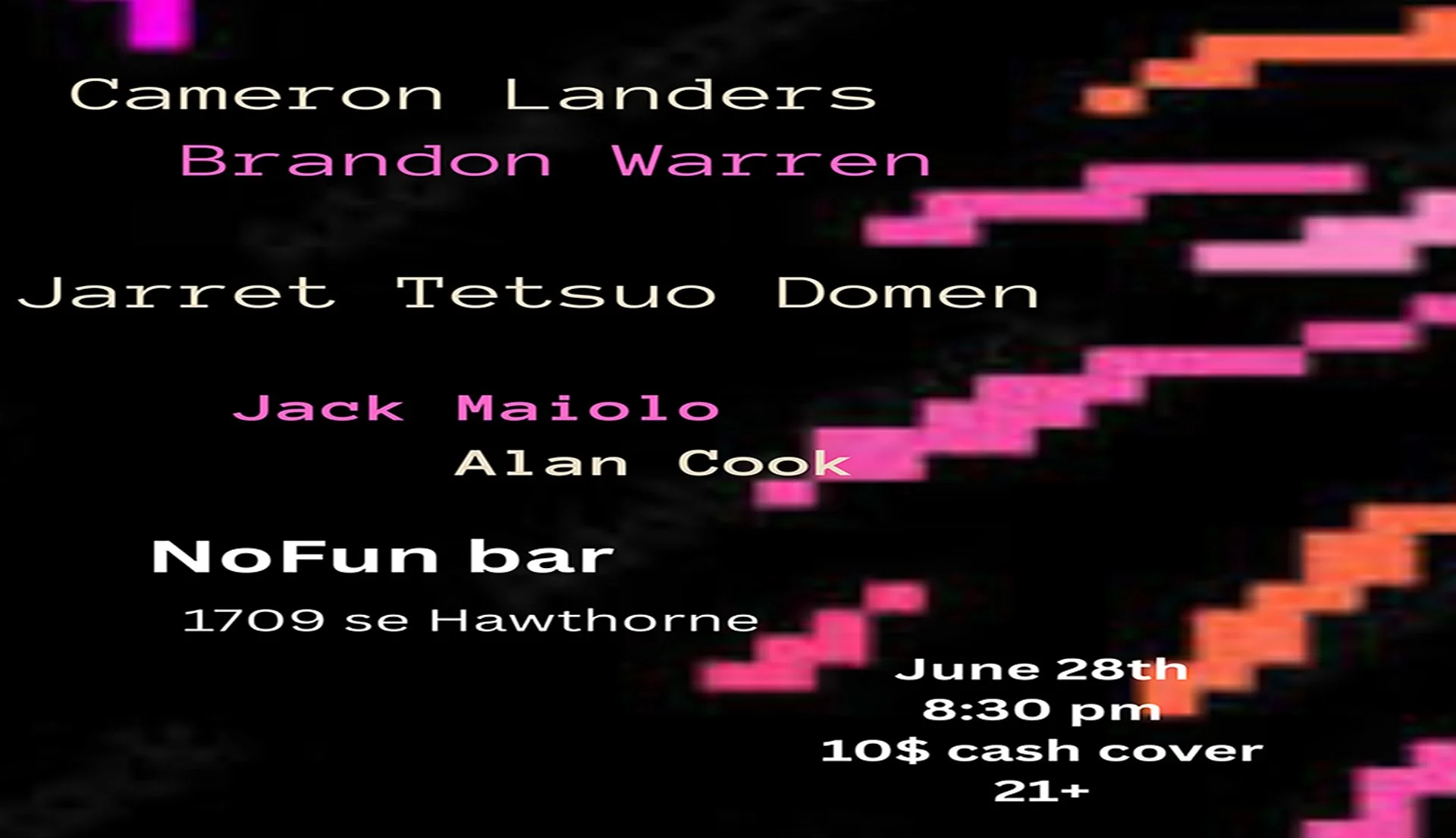 <span class="sqsrte-text-color--white">Cameron Landers &amp; Brandon Warren • Jarret Tetsuo Domen • Jack Maiolo &amp; Alan Cook</span>