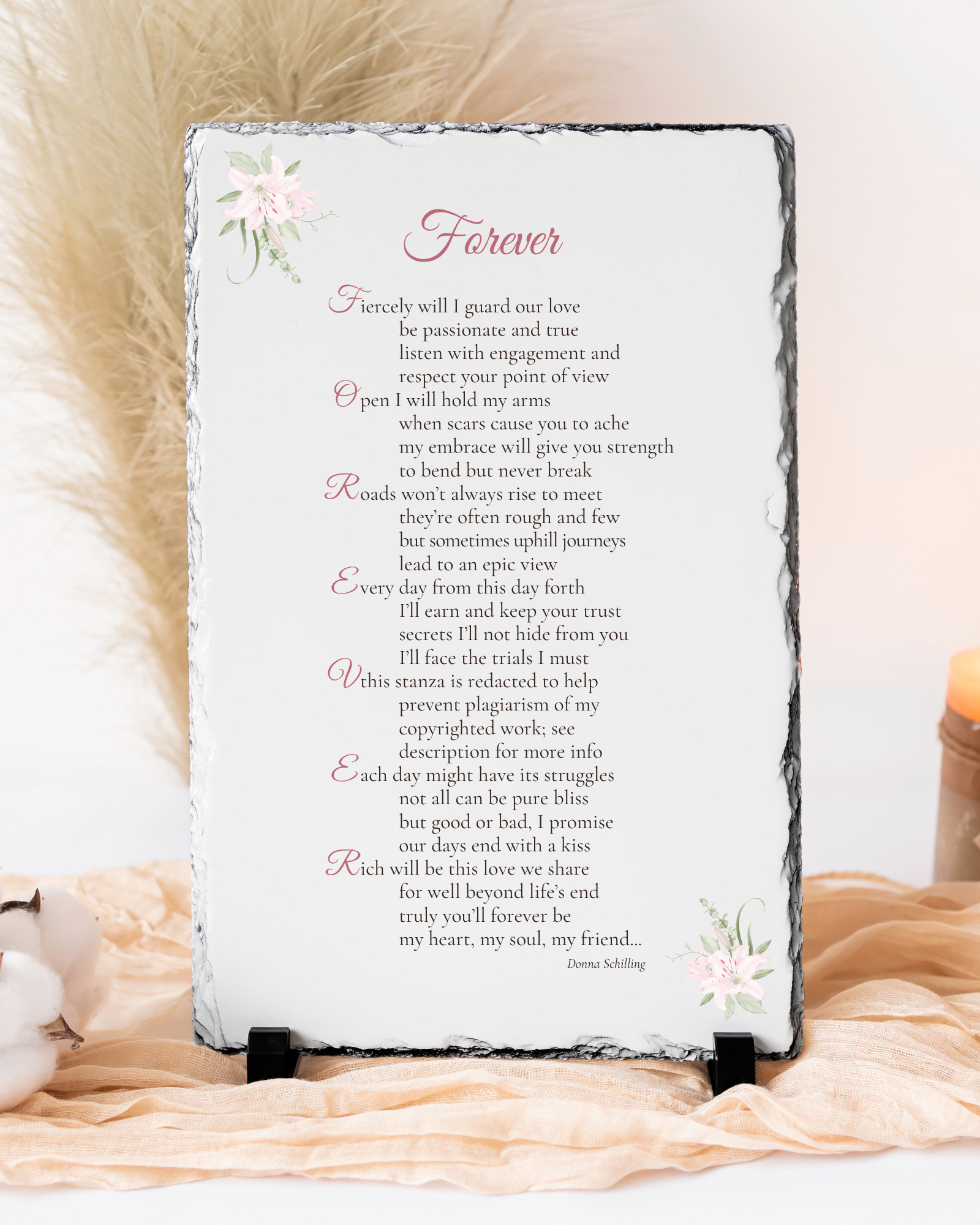 "FOREVER" – Summer Version - Keepsake Wedding Poem Printed on Natural Slate Stone (No Personalization)  -  FREE SHIPPING