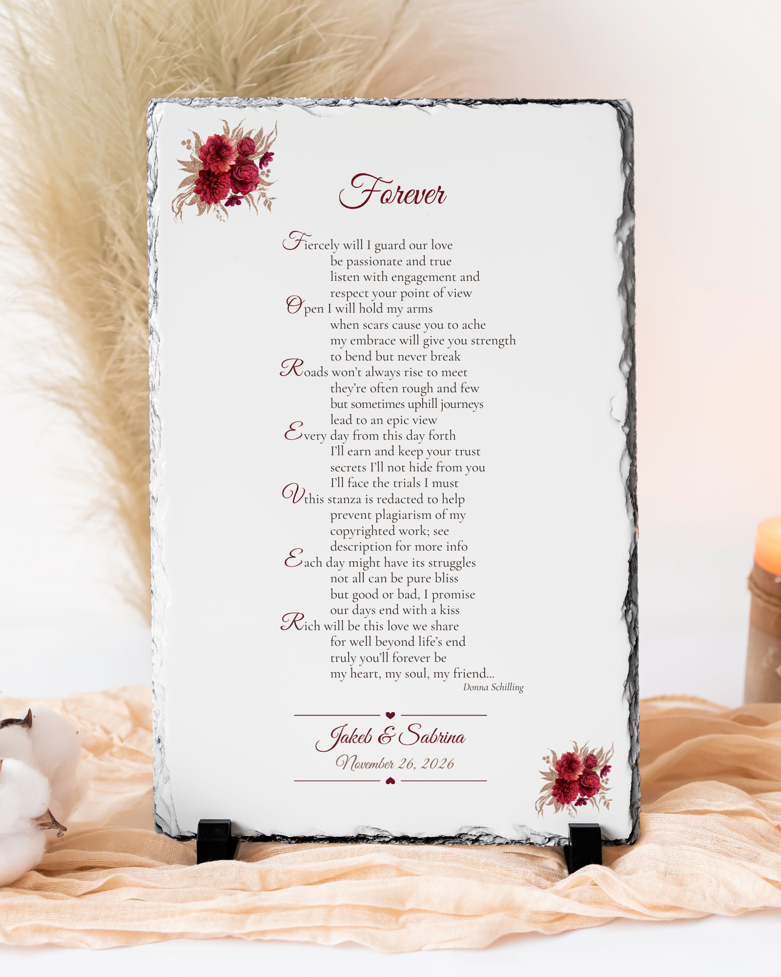 "FOREVER" – Autumn Version - Personalized Keepsake Wedding Poem Printed on Natural Slate Stone  -  FREE SHIPPING