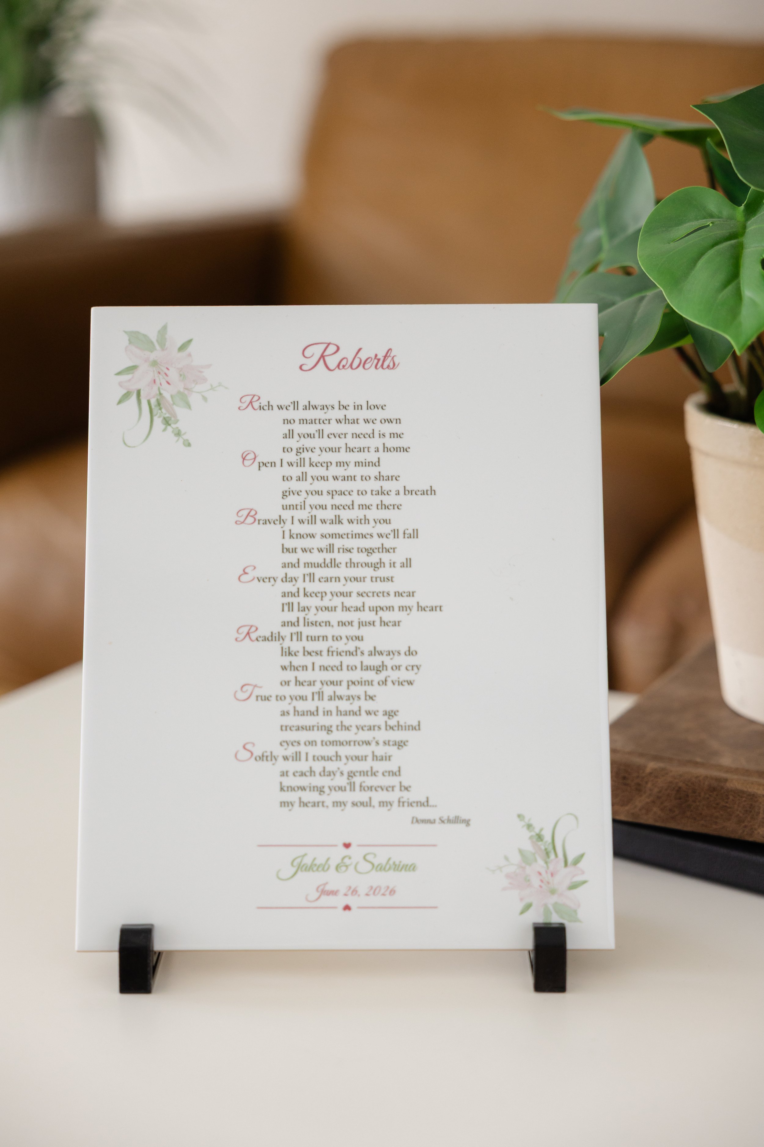Custom Wedding Acrostic Poem | Personalized Last Name Keepsake