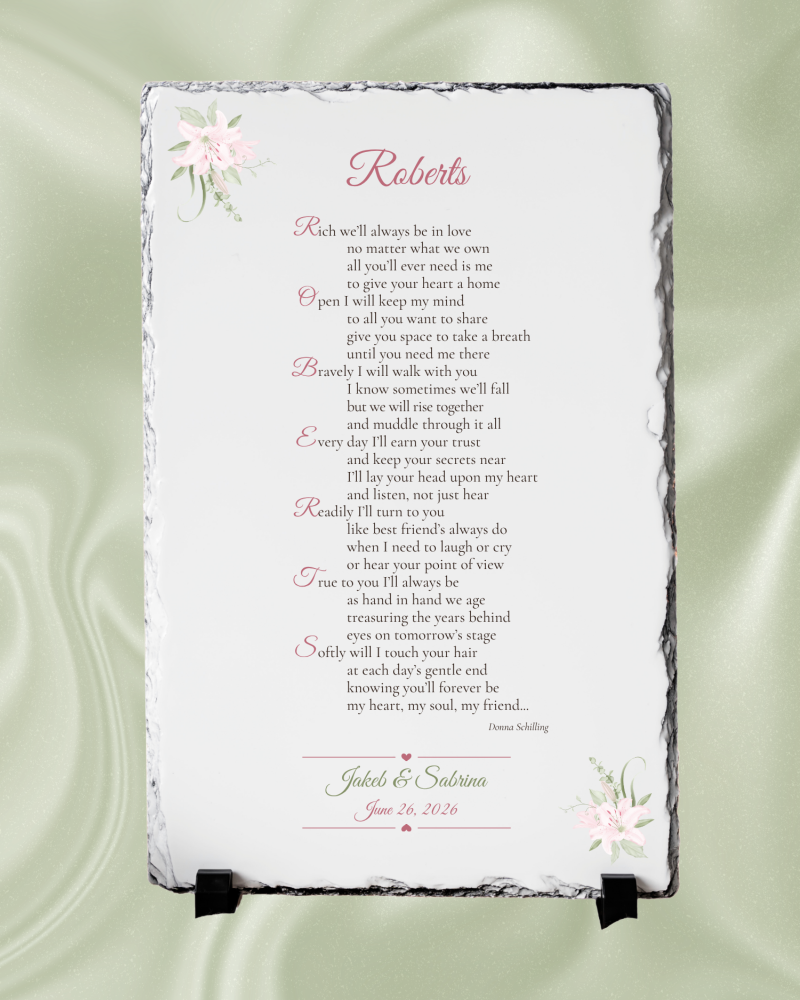 Custom Acrostic Poetry – Summer Version - Personalized Keepsake Wedding Poem Printed on Natural Slate Stone  -  FREE SHIPPING