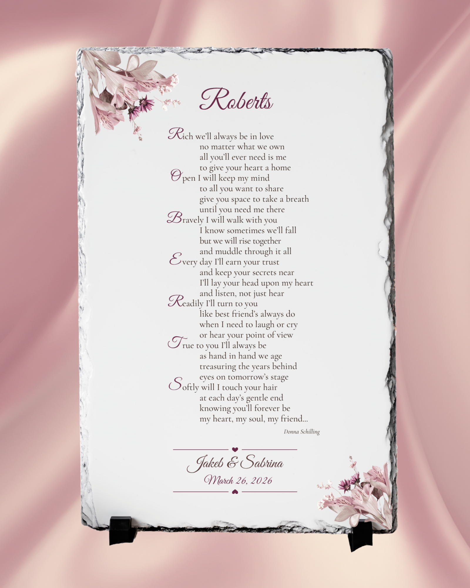 Custom Acrostic Poetry – Spring Version - Personalized Keepsake Wedding Poem Printed on Natural Slate Stone  -  FREE SHIPPING