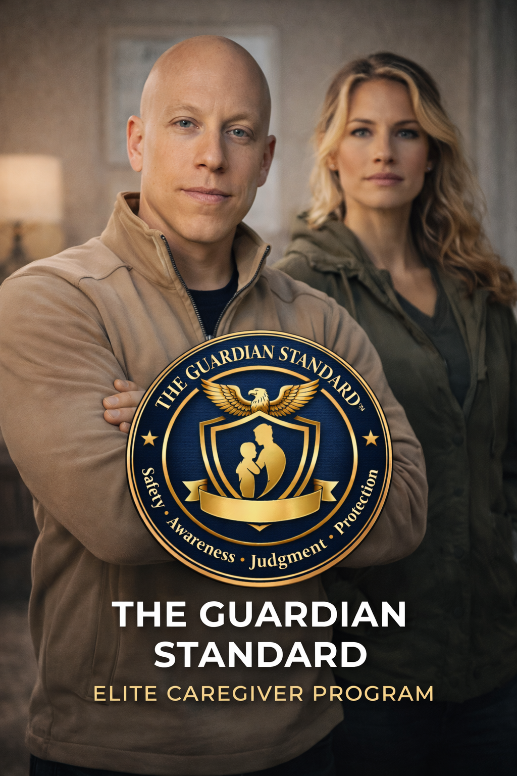 A man and woman standing with arms crossed, behind a logo for 'The Guardian Standard' Elite Caregiver Program, featuring a shield, an eagle, and a figure holding a child.