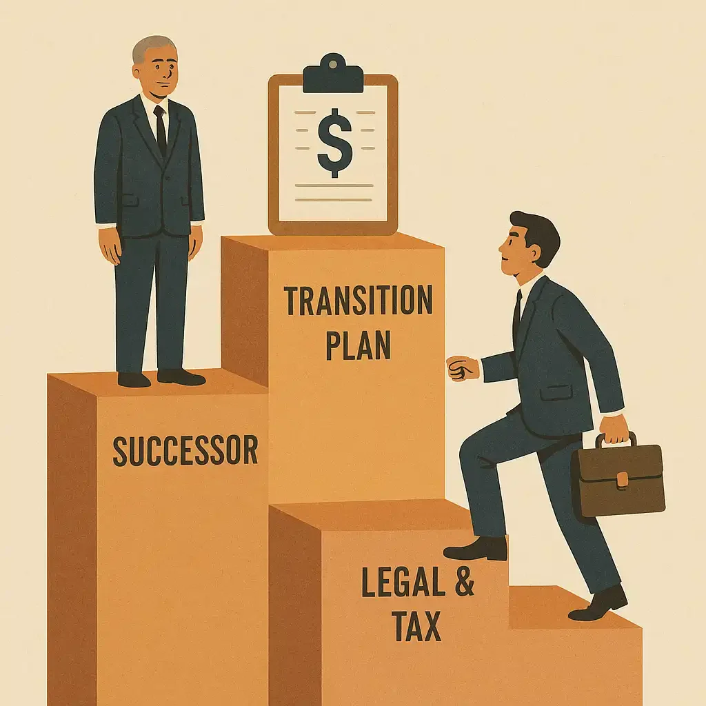 Younger professional climbing steps labeled successor, transition plan, and legal tax, toward senior leader
