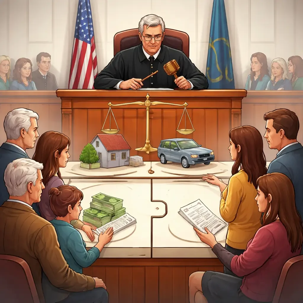 Judge deciding inheritance in probate court with family and estate assets on table