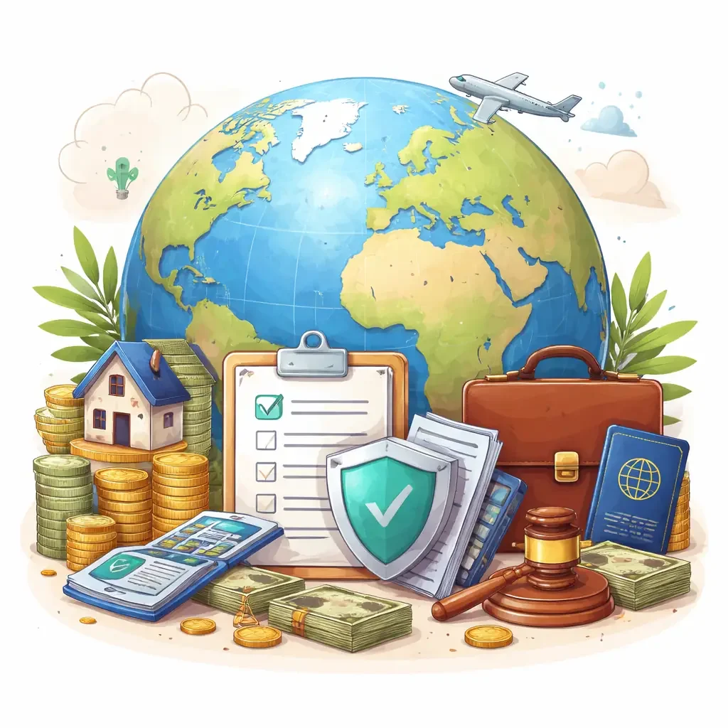 Illustration of a globe with estate planning documents, passport, home, and financial assets representing international estate planning for expatriates