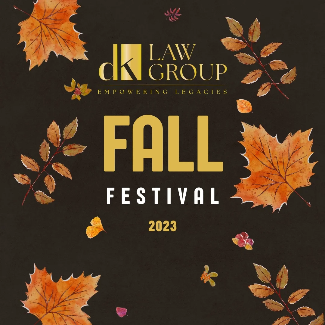 Fall Festival poster with autumn leaves, berries, and a dark background, featuring the text 'dk Law Group Empowering Legacies Fall Festival 2023'.