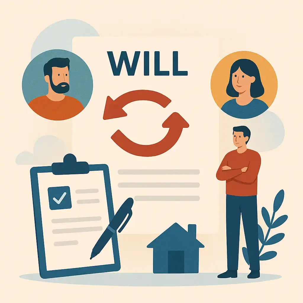 Illustration depicting the process of changing beneficiaries and executors in a will, showing people exchanging legal documents and estate planning symbols.