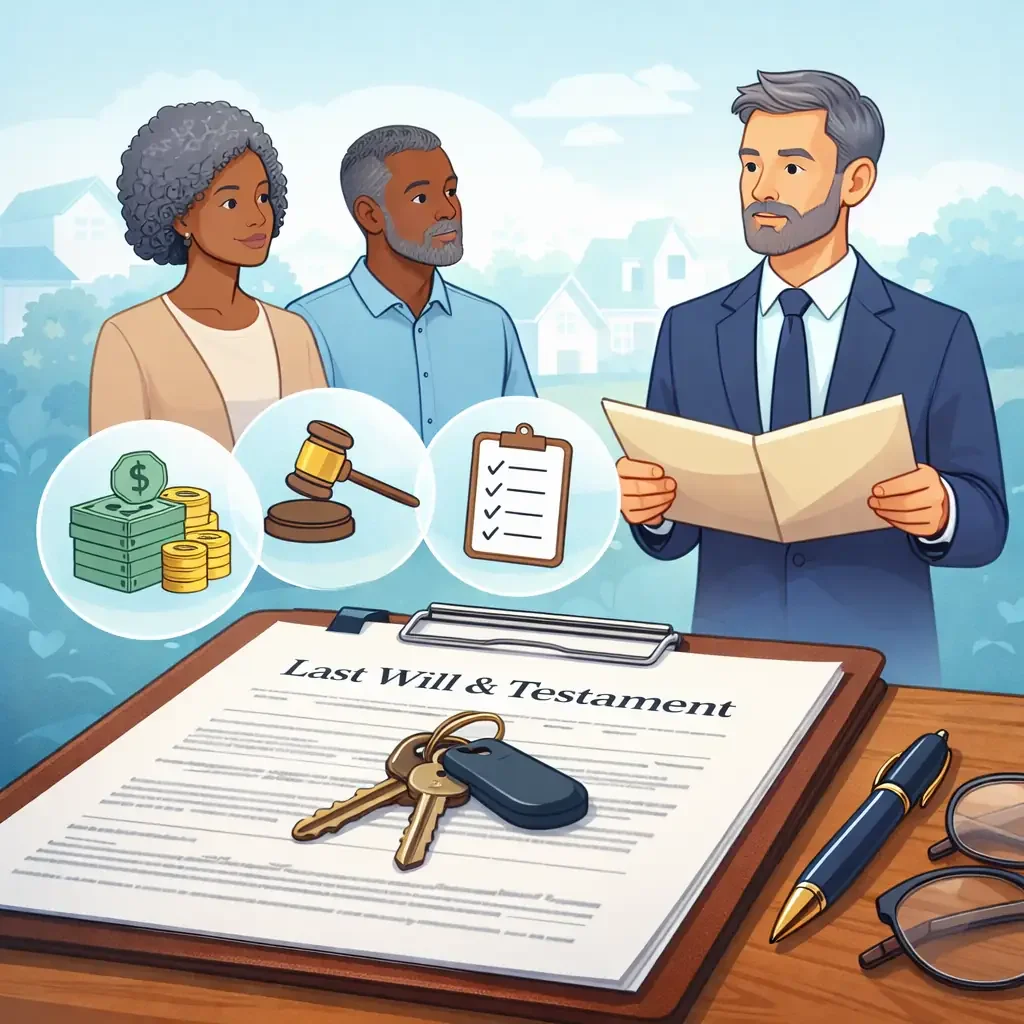 Illustration showing an executor managing a will and estate planning responsibilities in Maryland
