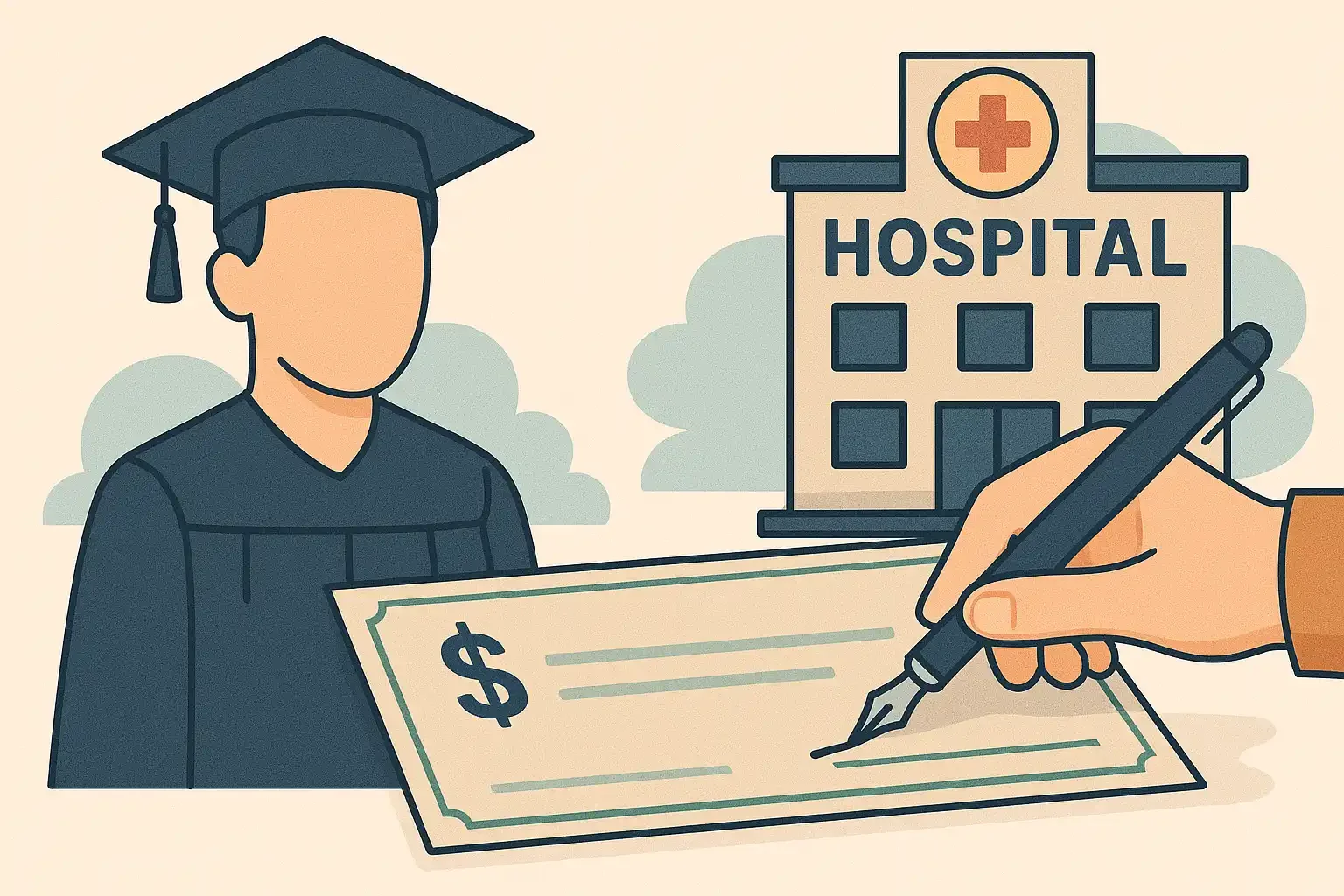 Illustration showing a graduate in cap and gown and a hospital building, with a hand signing a check to represent direct payment of education or medical costs.