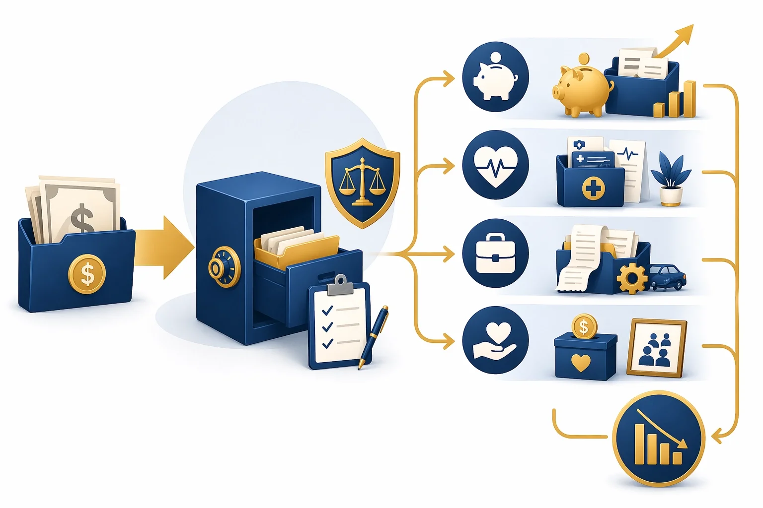 Illustration showing retirement contributions, business expenses, and charitable giving as ways to reduce  taxable income legally