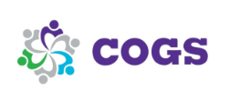 Logo of COGS with a graphic of interconnected multicolored figures surrounding a purple figure