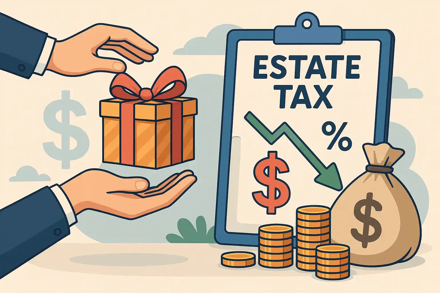 Illustration of two hands exchanging a wrapped gift, with a tax clipboard showing a downward arrow, coins, and a money bag symbolizing reduced estate taxes.
