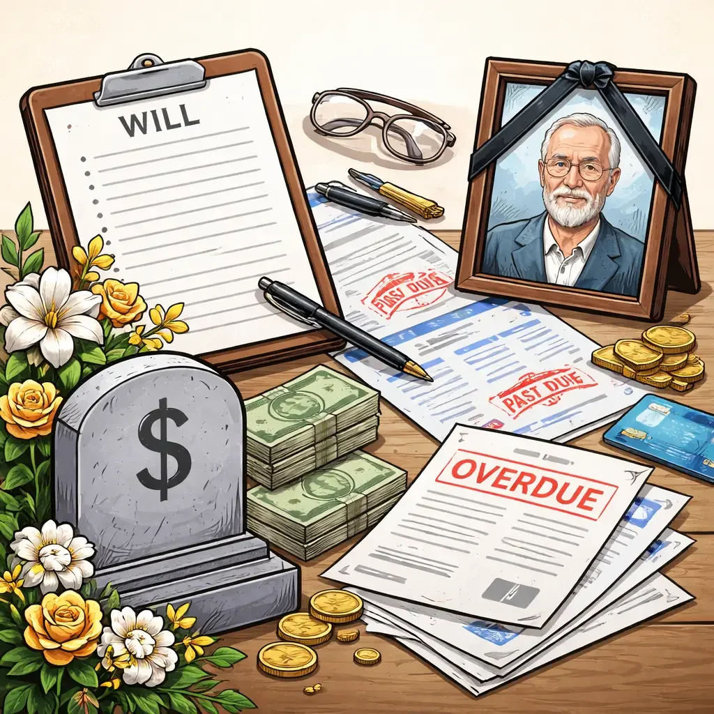 Illustration showing estate documents, overdue bills, and money representing how debts are handled after death