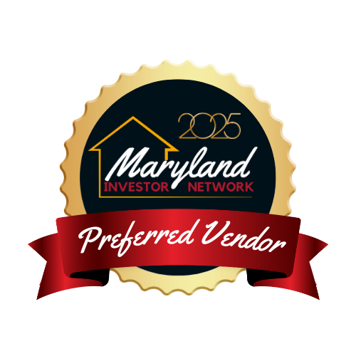 Maryland Investor Network 2025 Preferred Vendor badge with gold seal, black background, and red ribbon.
