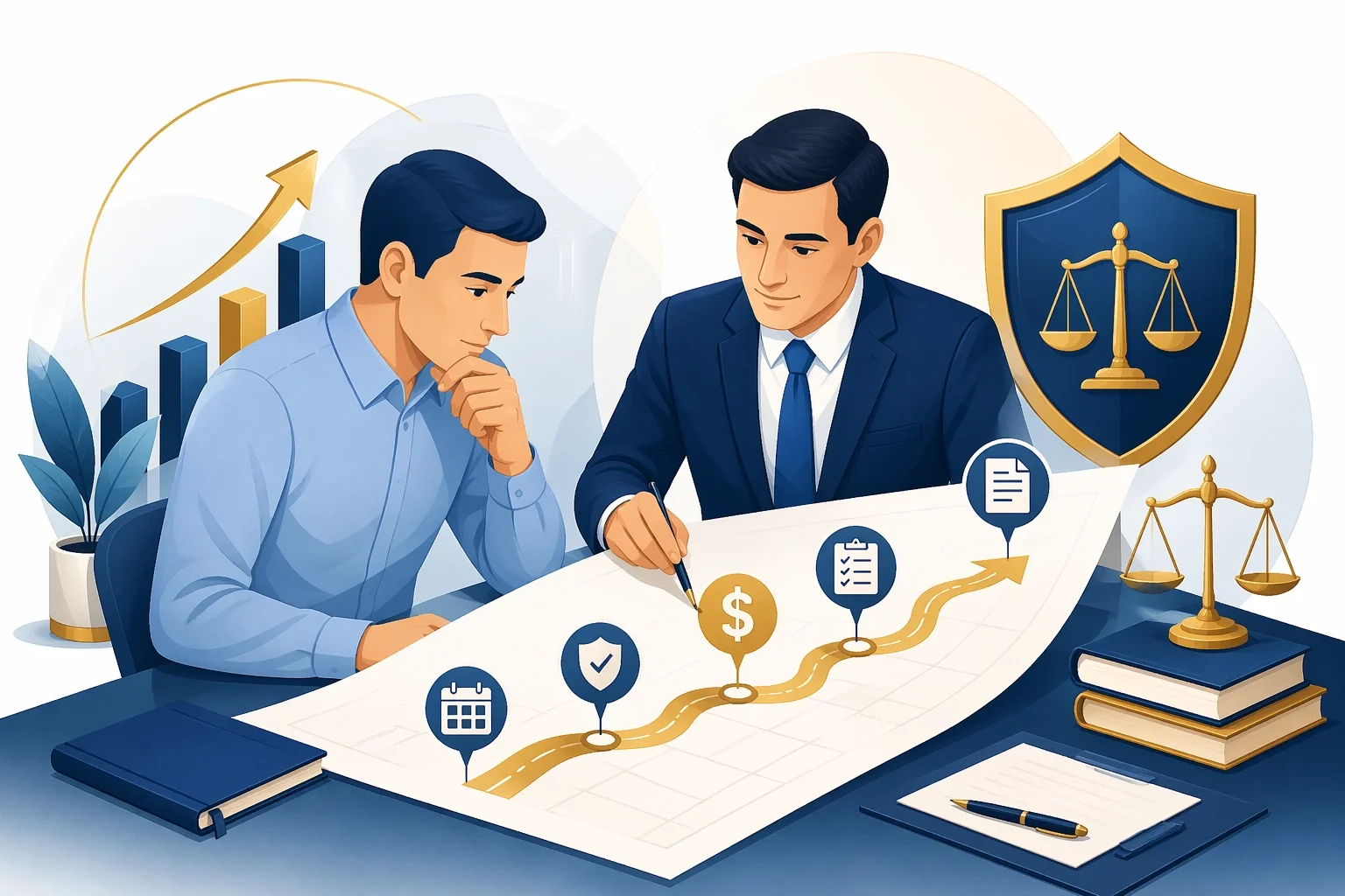 Illustration of a business owner and legal advisor planning lawful tax-saving strategies before key financial deadlines