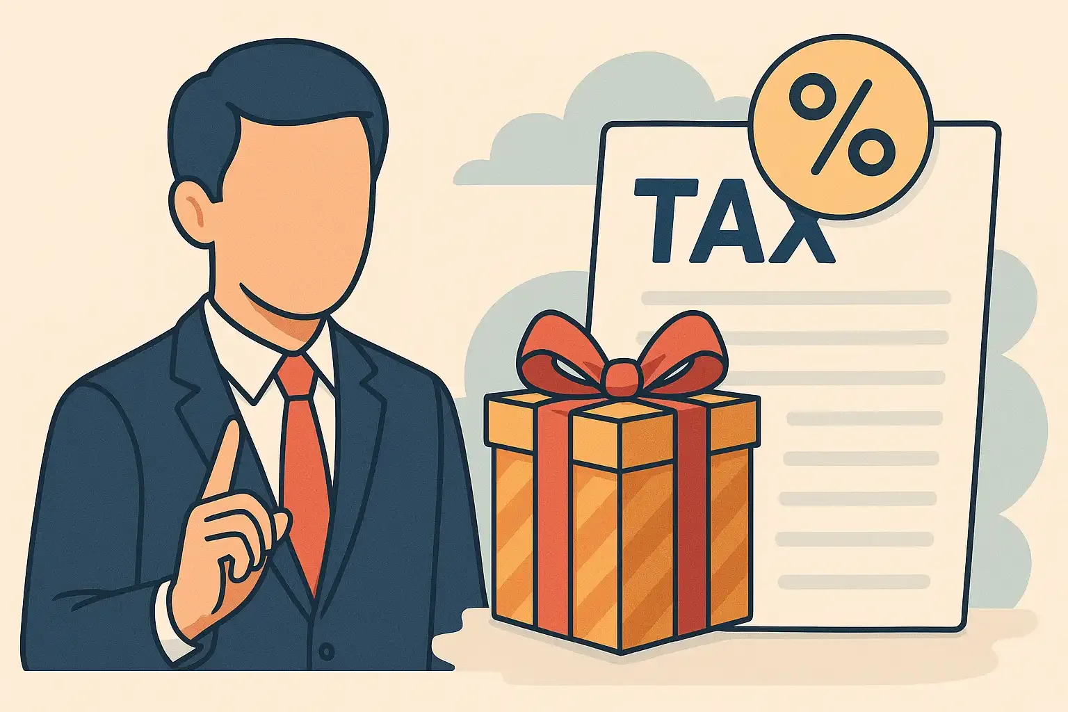 Illustration of a financial advisor in a suit pointing upward beside a wrapped gift, a tax document, and a percentage symbol.