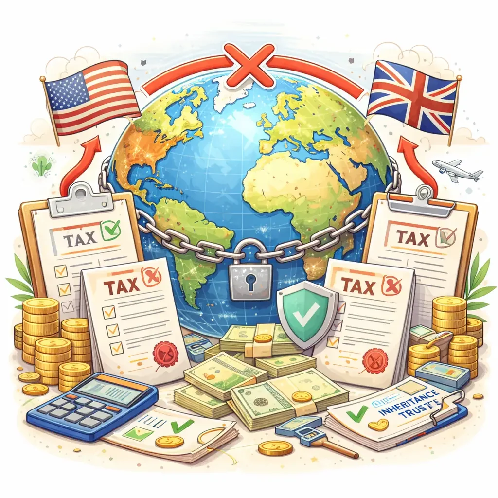 Illustration of a globe with tax documents, currency, and legal symbols representing double taxation and international estate planning strategies