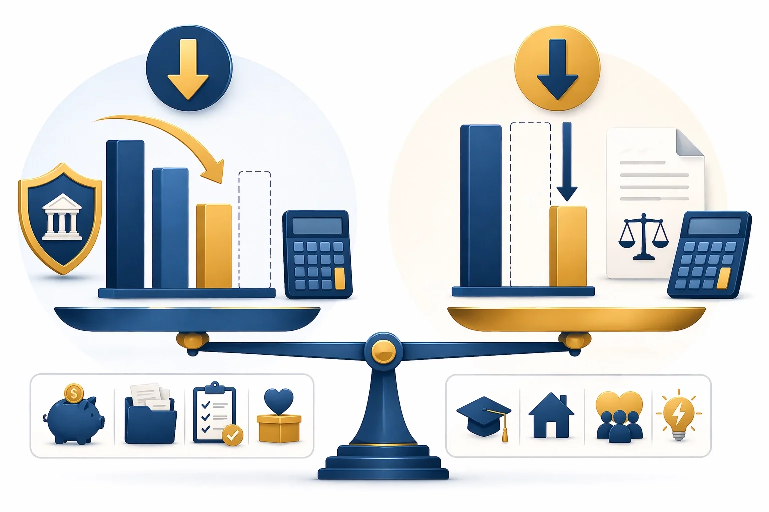 Side-by-side illustration explaining the difference between tax deductions and tax credits