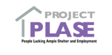 Logo for Project PLAICE with a gray house roof above the text, and the tagline 'People Lacking Ample Shelter and Employment' below.