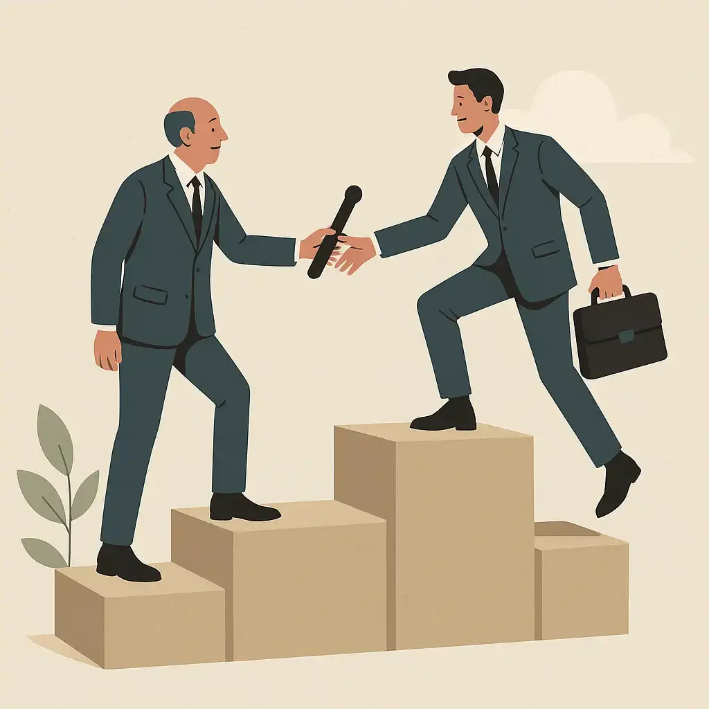 Business succession planning visualized as one leader passing a baton to another on rising steps