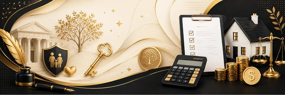 Estate planning and estate tax calculation concept with legal, financial, and property symbols in a black, cream, and gold banner design.