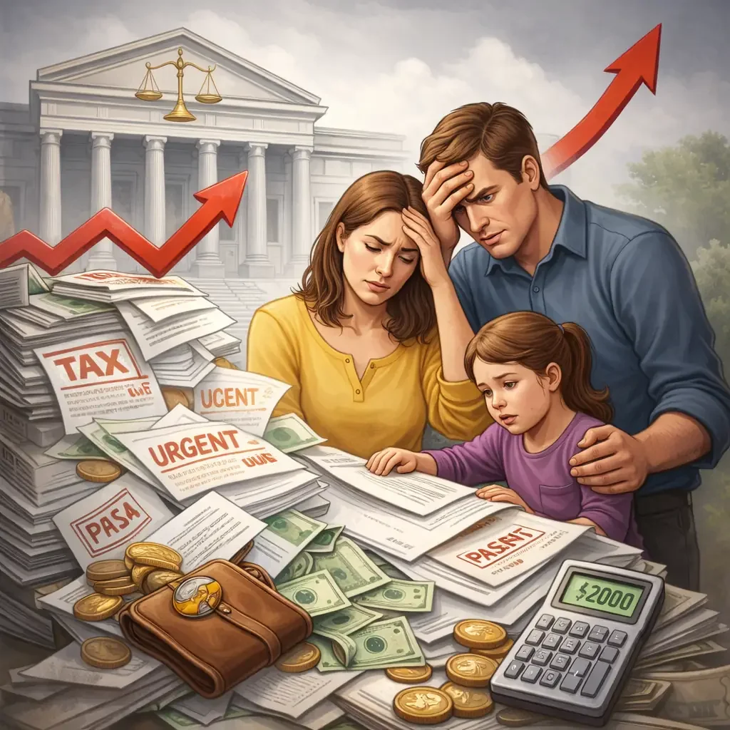 Frustrated family surrounded by bills, legal fees, and tax documents in front of courthouse