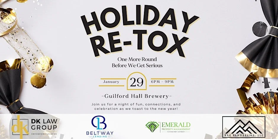 Holiday Re-Tox 2026 business and real estate networking event hosted by DK Law Group at Guilford Hall Brewery in Baltimore on January 29