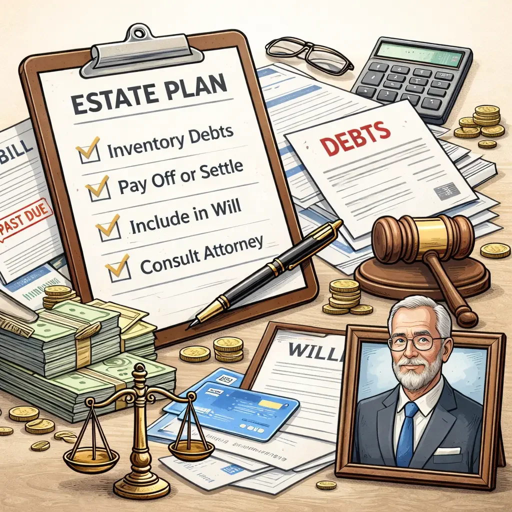 Checklist illustration showing estate planning steps for managing debts, bills, and financial obligations