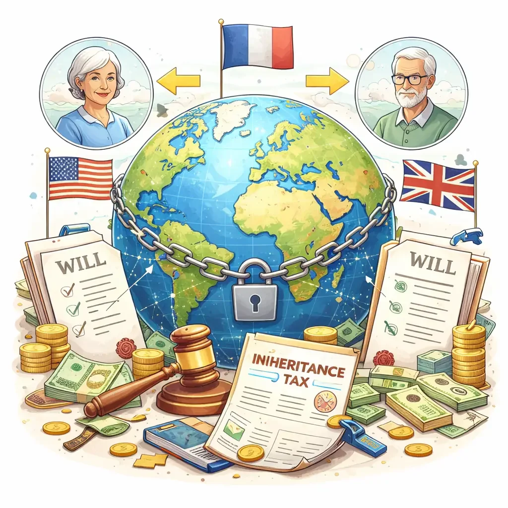 Illustration showing a globe with wills, legal documents, currency, and country symbols representing cross-border inheritance laws