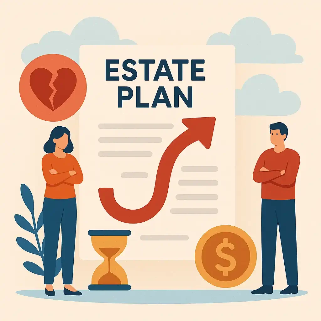 Illustration of a man and woman reviewing estate plan updates after divorce, with symbols of renewal like an upward arrow, clock, and financial icons.