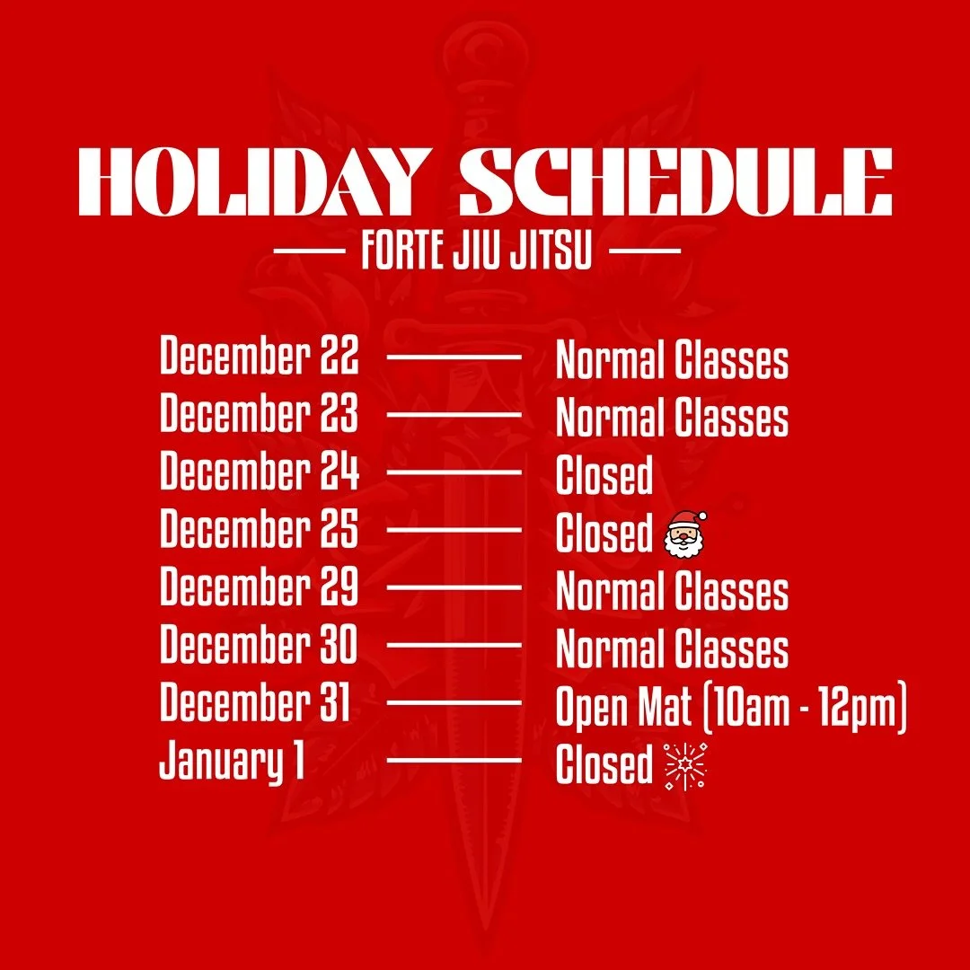 Thank you all for an incredible 2025. Throughout this year, we&rsquo;ve tripled our memberbase, doubled our mat space, hosted over 100 visitors, and 7 womens-only self defense classes!

Here is our official schedule for the last two weeks of the year