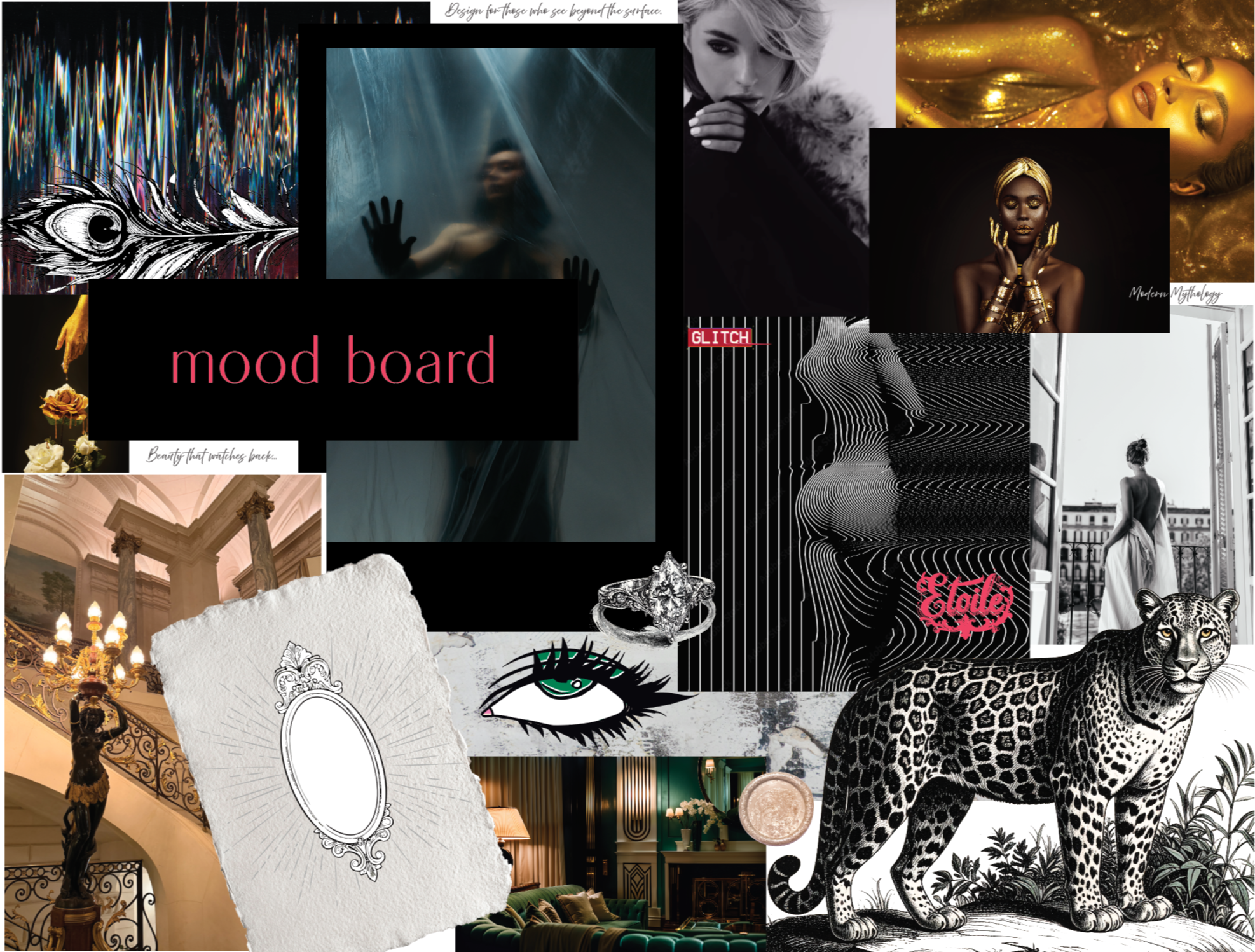 Collage of fashion, art, and interior design images, including models, abstract graphics, a peacock feather, jewelry, a leopard, an empty room with columns, and a staircase with a chandelier.