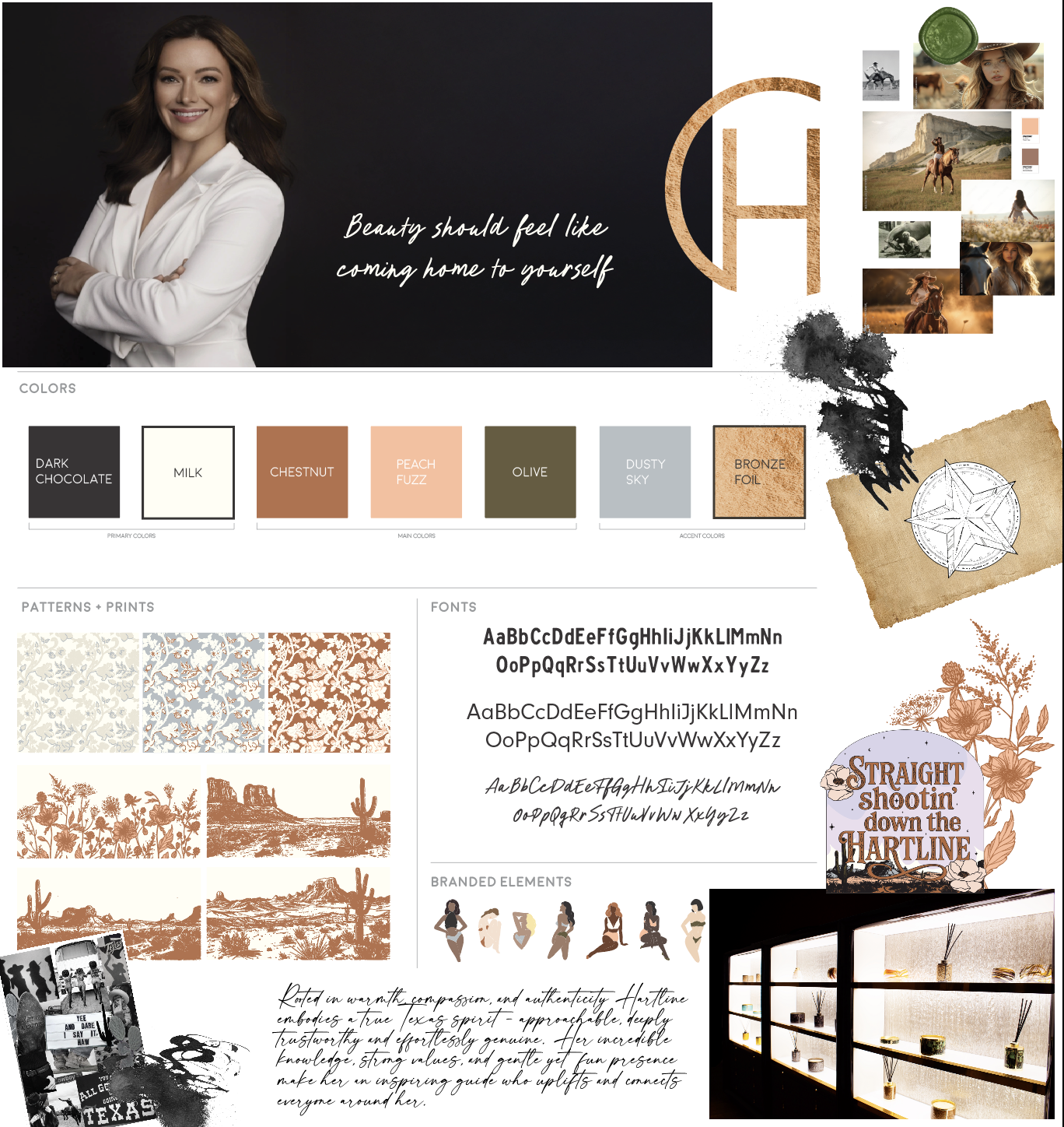 A mood board featuring a woman in a white blazer smiling with crossed arms, various color swatches inspired by nature, patterns with floral designs, handwritten typography, and images of horses, landscapes, and Western themes. A quote reads, 'Beauty should feel like coming home to yourself.'