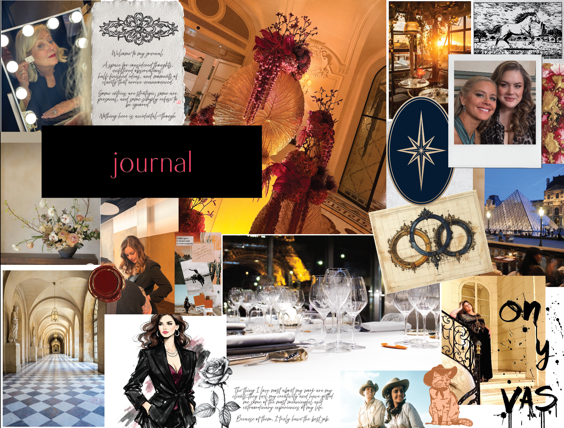 A collage of various images including flowers, people, architecture, a table setting, and artwork, with a central black box containing the word 'journal' in pink text.