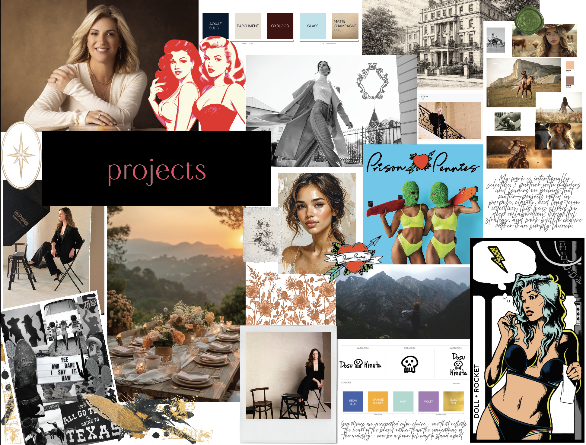 Collage of fashion, interior design, nature, and lifestyle images including a woman smiling at the camera, stylized illustrations of women, a woman in a coat outdoors, a historic building, horseback rider, mountain landscape, an elegant dining table setting, and various graphic design elements with text about projects and color palettes.