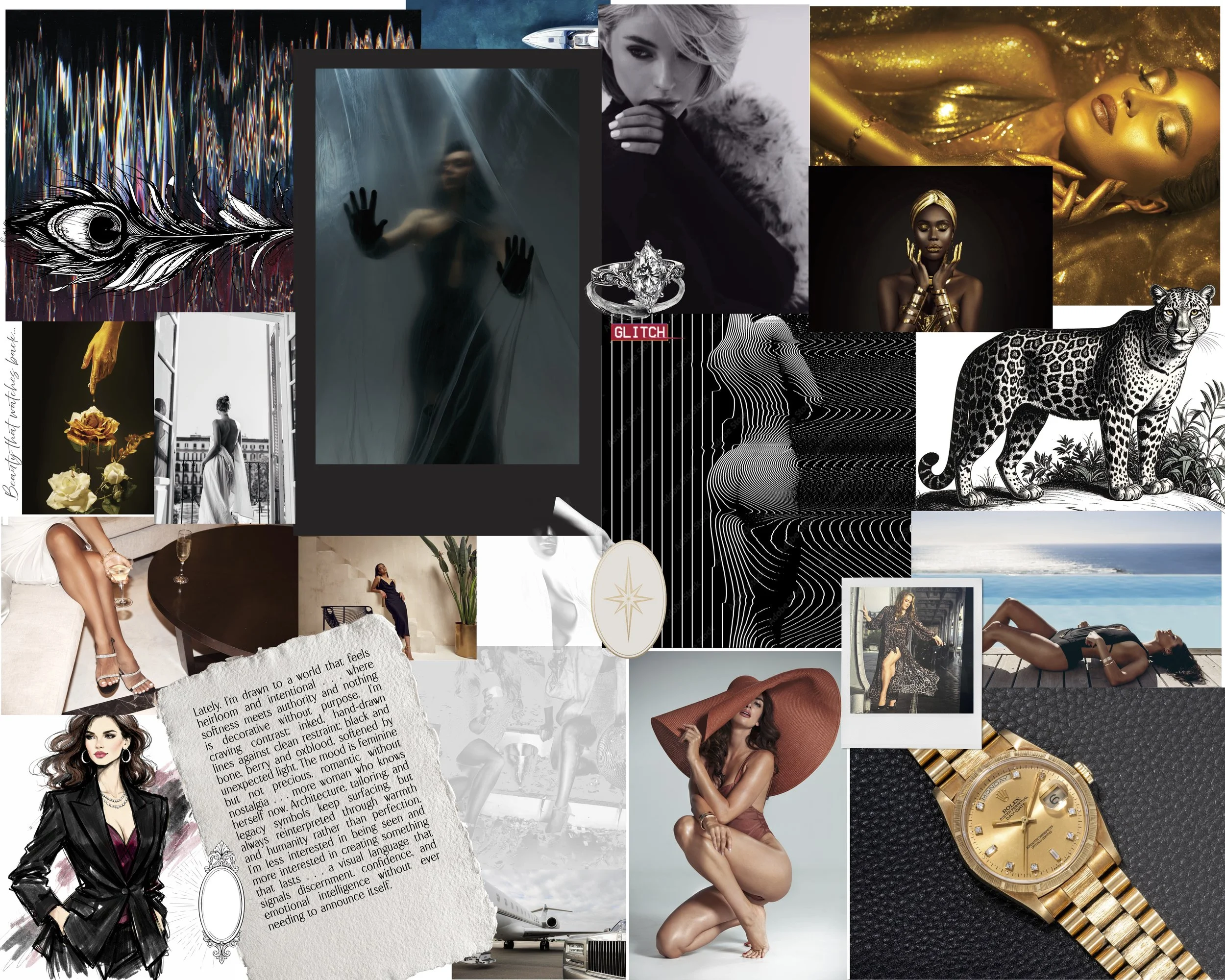 Collage featuring fashion photography, jewelry, a luxury watch, abstract art, a black-and-white leopard illustration, a woman in a black leather jacket, gold-themed artistic images, a gold ring, a magazine excerpt, and other artistic and fashion elements.