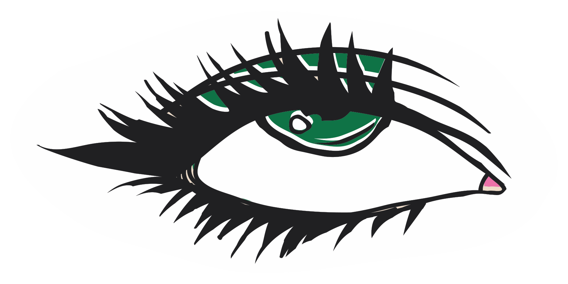 Illustration of a stylized eye with black eyelashes, green and white details, and a pink, white, and black eyelid.