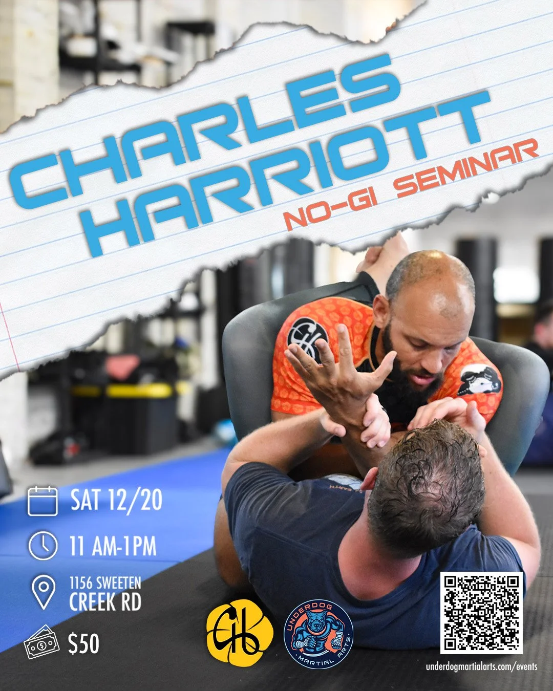 Poster advertising a no-gi martial arts seminar featuring Charlie Harless, scheduled for Saturday, December 20th, from 11 AM to 1 PM, at 1156 Sweeten Creek Road, with a fee of $50. The poster includes a photo of two men engaged in a grappling technique, with the instructor demonstrating a move on a student in a gym setting.