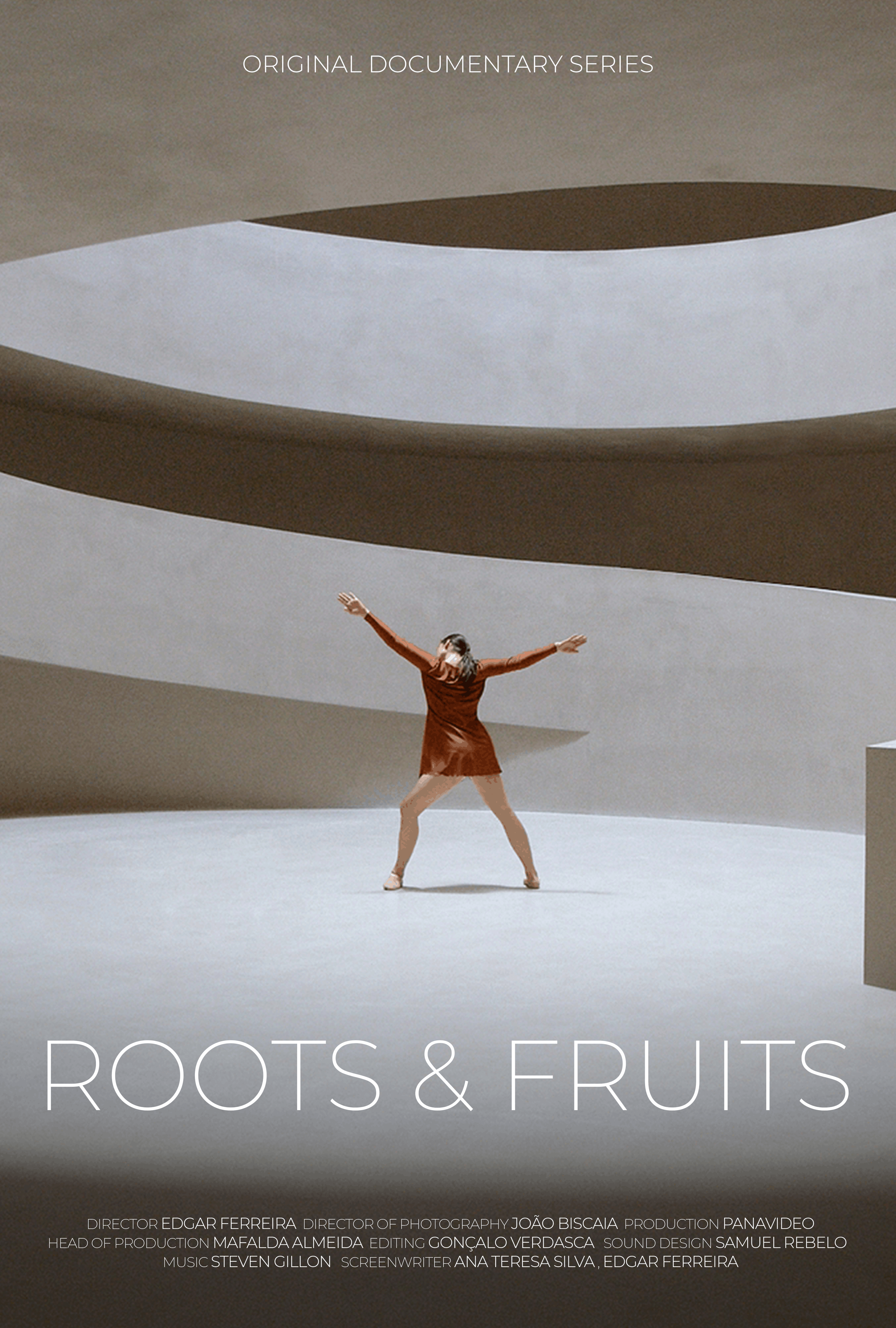 Poster for the documentary series 'Roots & Fruits' featuring a woman in a red dress dancing on a minimalist white stage with curved brown and beige forms overhead. The poster includes credits and production details at the bottom.
