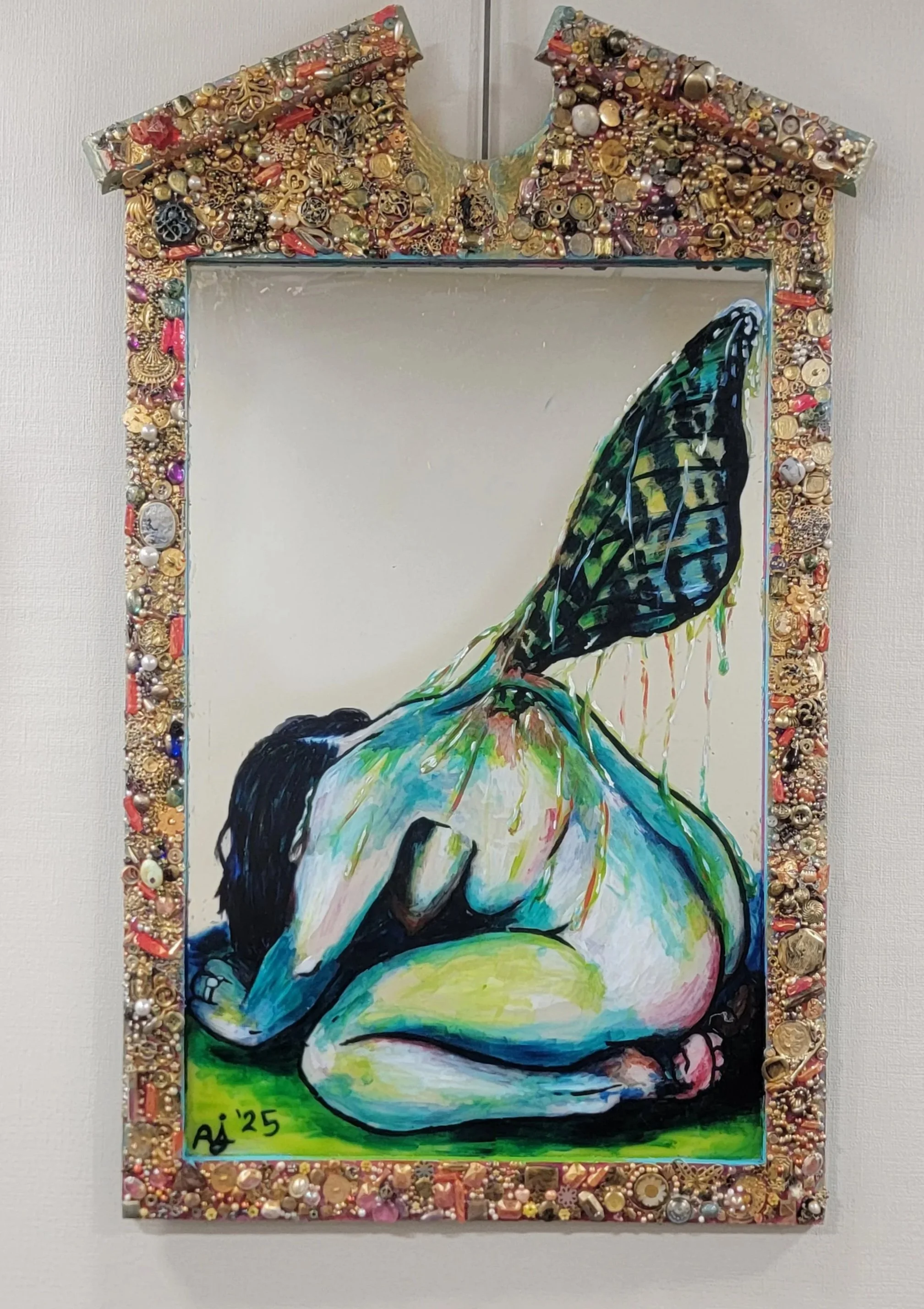 Chrysalis, Acrylic, oil, and collaged found objects on mirror, 2025